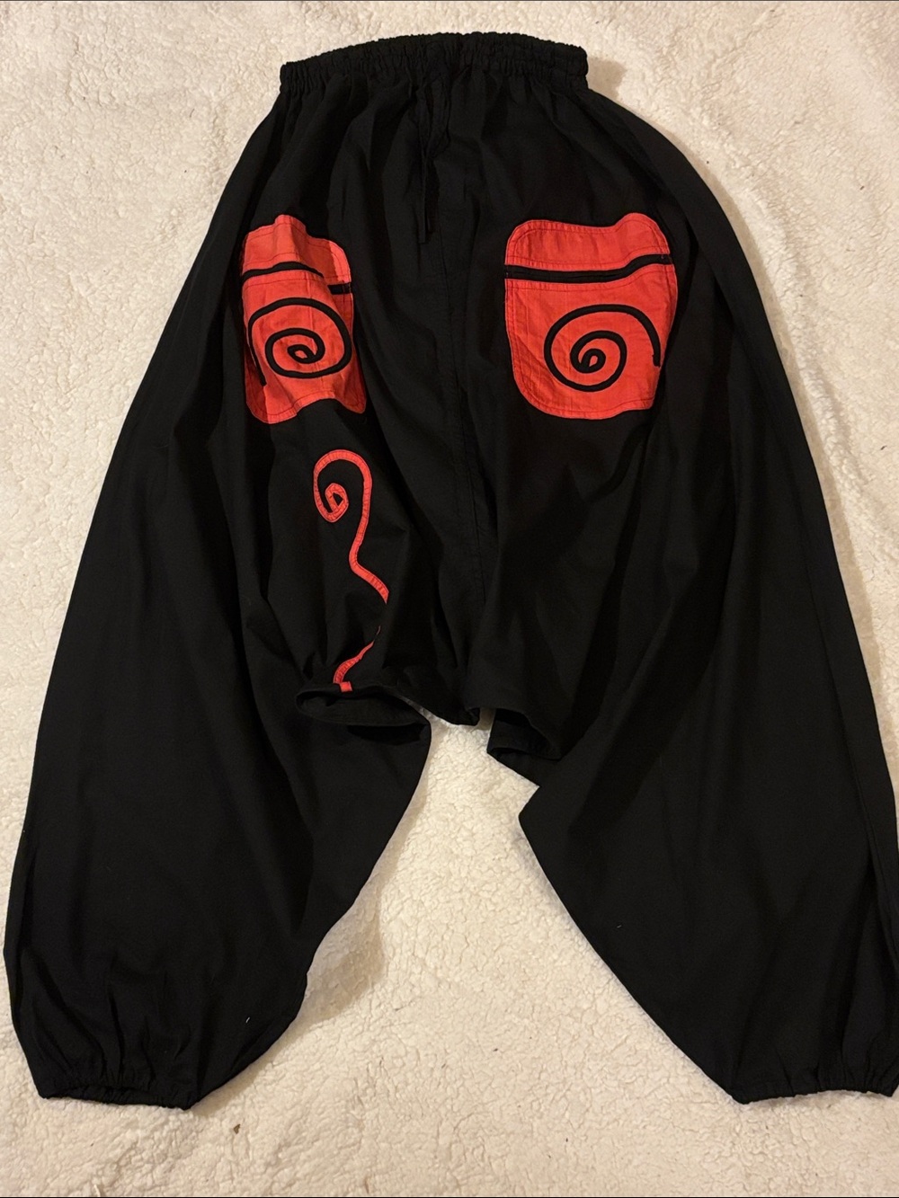 Black Harem Cotton Pants with Red Swirl Pockets OS
